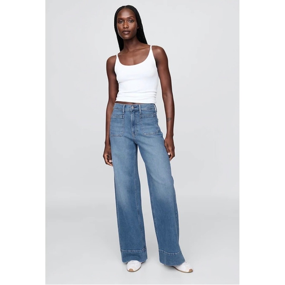 Gap Baggy Mid Rise Jeans Ultrasoft Denim Wide Leg Patch Pocket Blue 31 12R